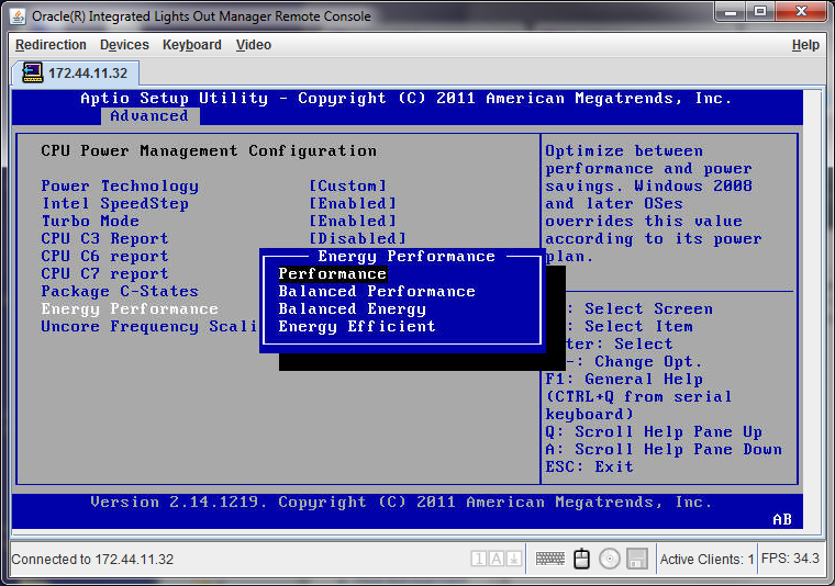This screen capture shows where to set Energy Performance to Performance in the BIOS setup utility.