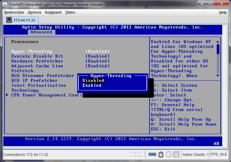 This screen capture shows where to set Hyper-Threading to disabled in the BIOS setup utility.
