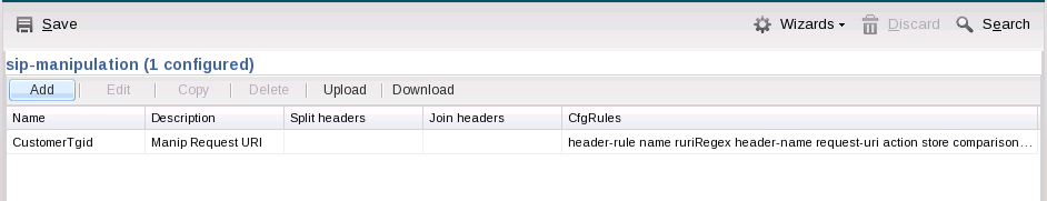 This screen capture shows the SIP manipulation page which dislpays manually configured Header Manipulation Rules. This screen capture shows the SIP manipulation page which dislpays manually configured Header Manipulation Rules.