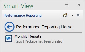 新しいレポート・パッケージへのリンクを表示するPerformance Reportingホーム。 左矢印をクリックして、メインのPerformance Reporting Homeに戻ることもできます。 