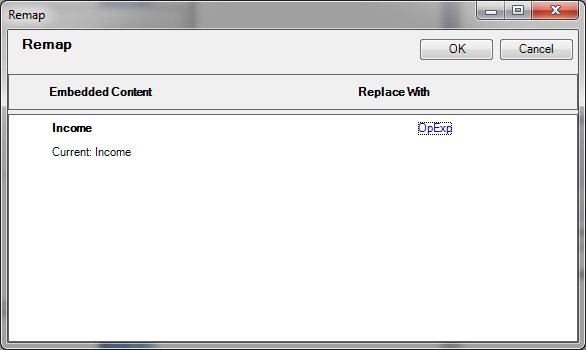 「リマップ」ダイアログで、Replace with列に新しく選択した範囲が表示されます