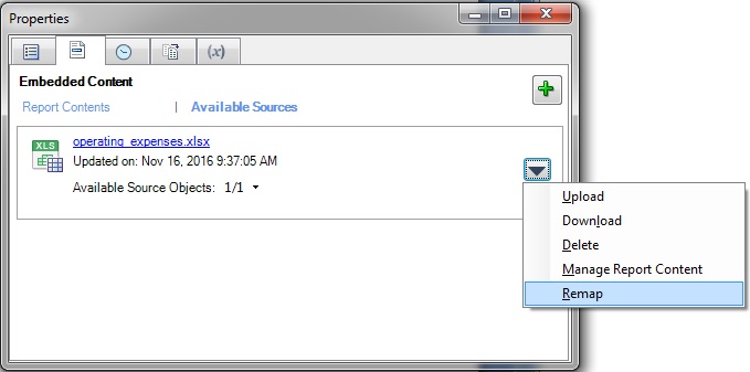 アップロード、ダウンロード、削除、レポート・コンテンツの管理、およびリマップのオプションを含むアクション・ドロップ・ダウン・メニュー