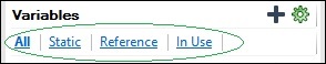 パネルの一部に、可変フィルタリング・オプション、すべて、静的、参照、使用中が表示されます。