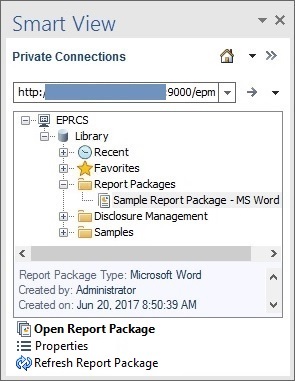 最初にEnterprise Performance Reporting Cloudに接続すると、WordのSmart Viewパネルにデフォルトのフォルダが表示されます: 最近のお気に入り、マイ・ライブラリ、レポート・パッケージ、およびアプリケーション。 レポート・パッケージが展開され、サンプル・レポート・パッケージが含まれています - MS Wordのレポート・パッケージ。 