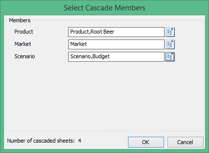 「カスケード・メンバーを選択」Product、Market、およびScenarioのディメンション用に選択されたメンバーと、4枚のシートがカスケードされることを示すメッセージが表示されます。 「カスケード・メンバーを選択」Product、Market、およびScenarioのディメンション用に選択されたメンバーと、4枚のシートがカスケードされることを示すメッセージが表示されます。
