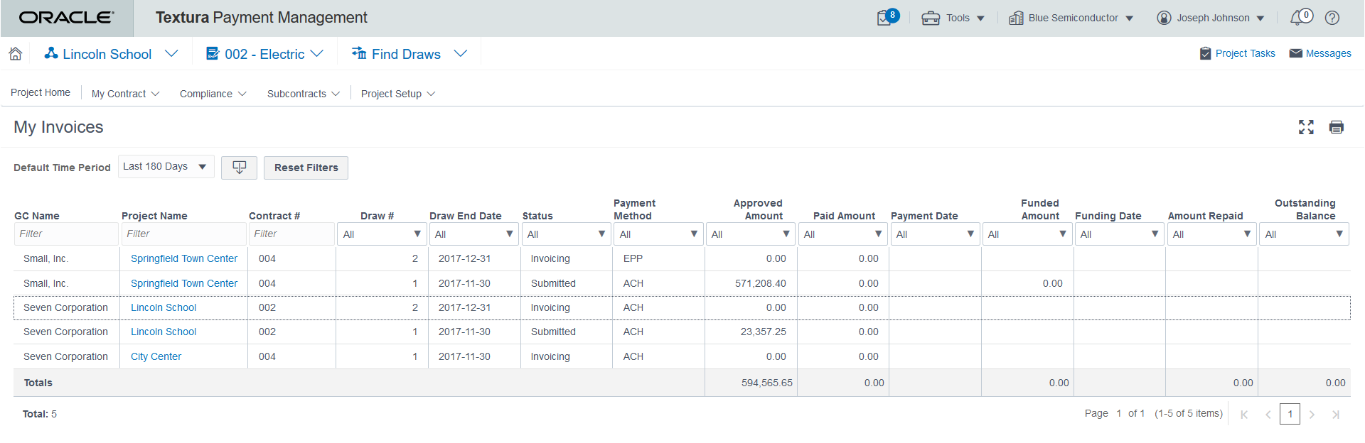 Screenshot of Subcontractor My Invoices page