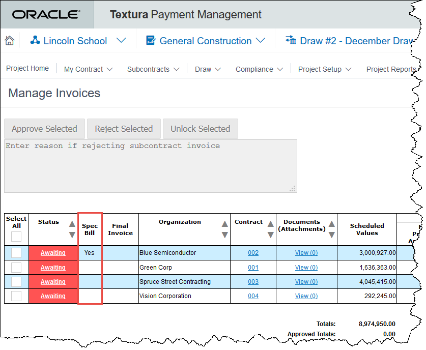 Screenshot of the Manage Invoices page with the Specified Billing column bordered in red