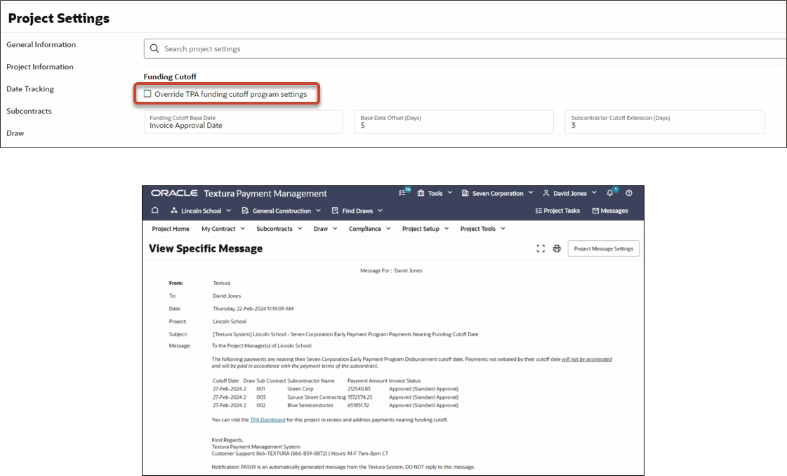 A screenshot of the Project Settings page. A new option is highlighted to override TPA funding cutoff program settings. A second screenshot shows the updated TPA Nearing Cutoff Funding Date message.