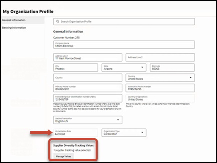 A screenshot of the My Organisation Profile page. The organisation role is set to Architect, and a supplier tracking value has been added.