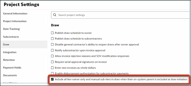 A screenshot of the Project Settings page. In the Draw section, a new option is present to include all sub-tiers in draw when their parent is included in draw invitation.