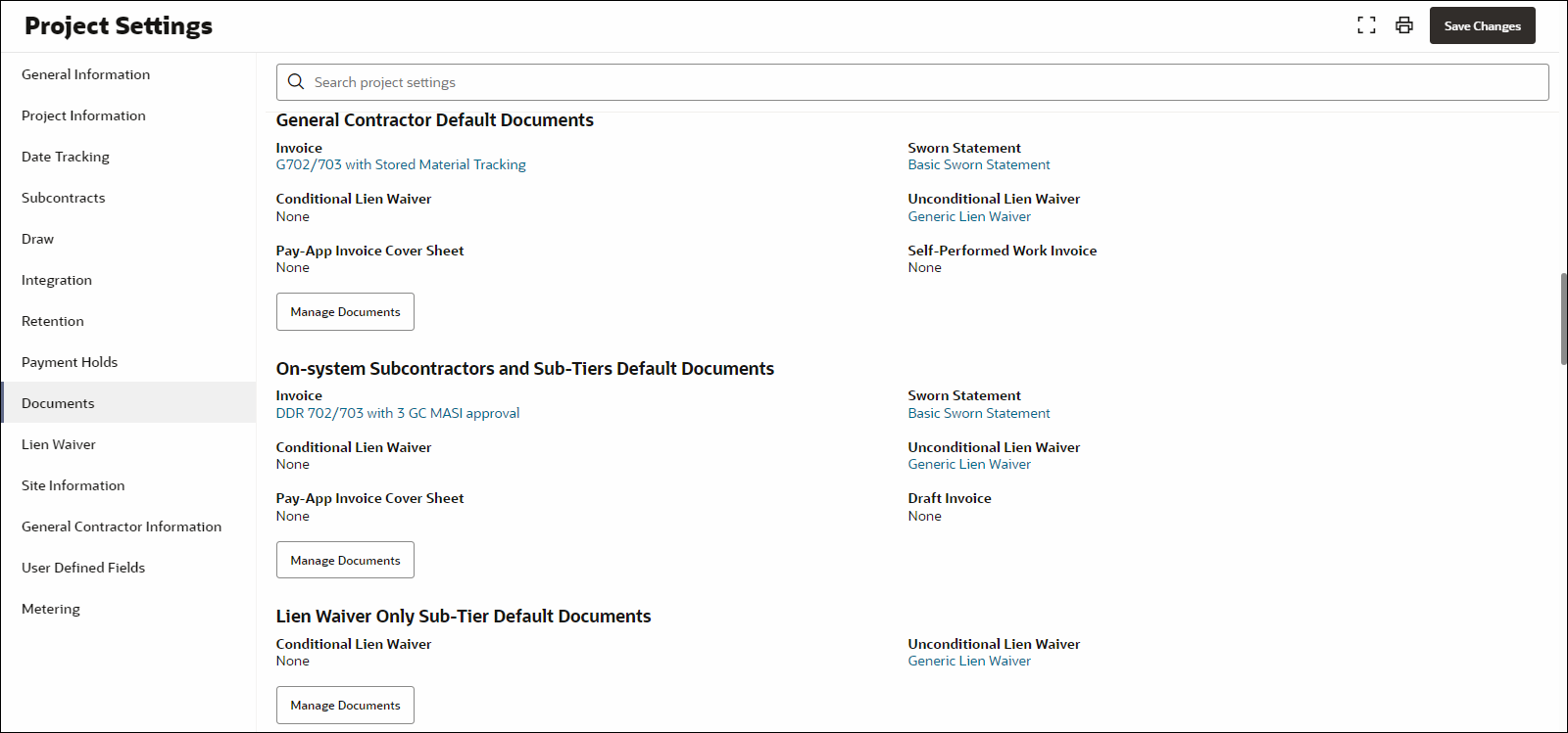 A screenshot of the Project Settings page, showing the documentation requirements.