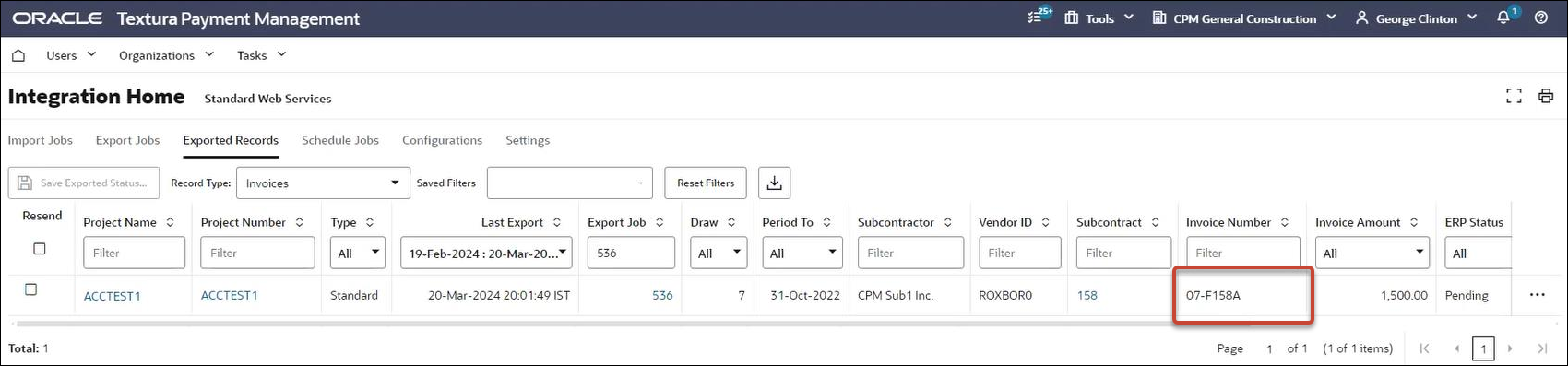 A screenshot of the Integration Home page, an Invoice Number is highlighted.