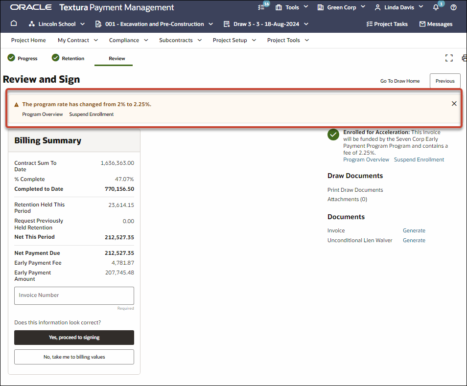 A screenshot of the invoicing workflow. On the Review and Sign step, a message is displayed that the TPA rate has changed.