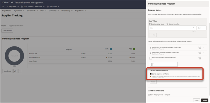 A screenshot of a program in edit mode. The Do not require a certification checkbox is present for a custom value.