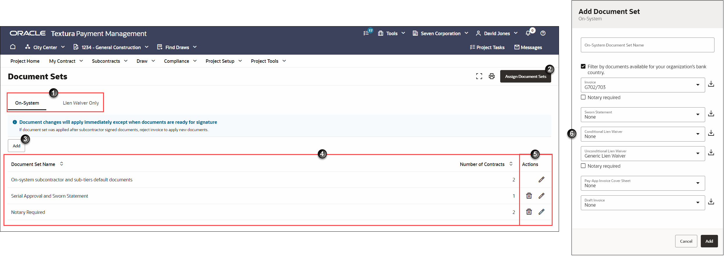 Document Sets Page for General Contractors with an example of the Add Document Set pane
