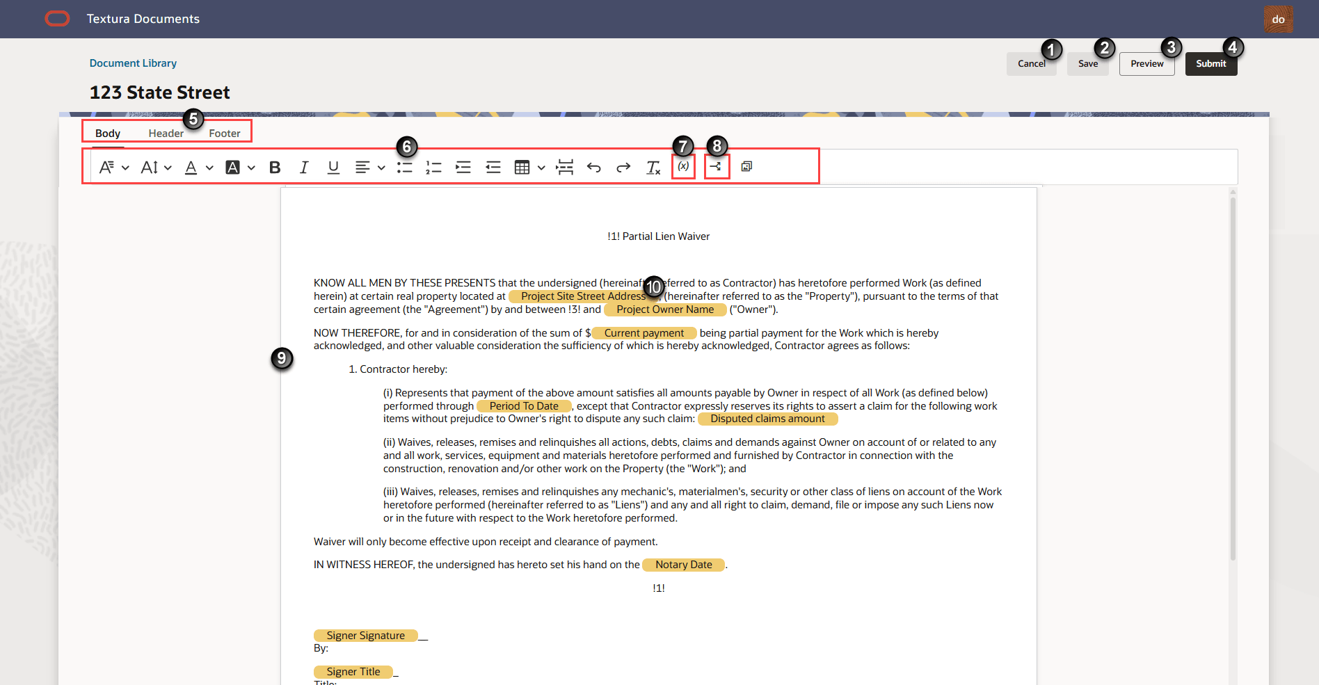 Screenshot of the Textura Documents platform showing a "Partial Lien Waiver" form for "123 State Street," with key fields highlighted in yellow and numbered annotations identifying interface elements and form sections.