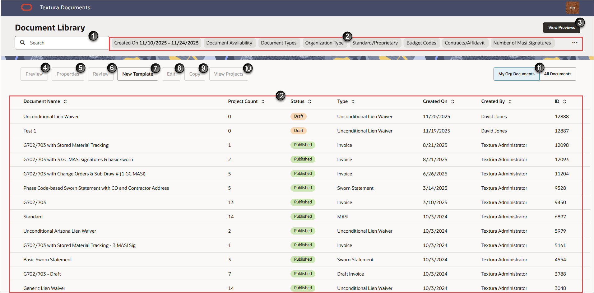 Screenshot of a document library interface with numbered callouts highlighting page elements like search, filters, view options, action buttons, and document list columns.