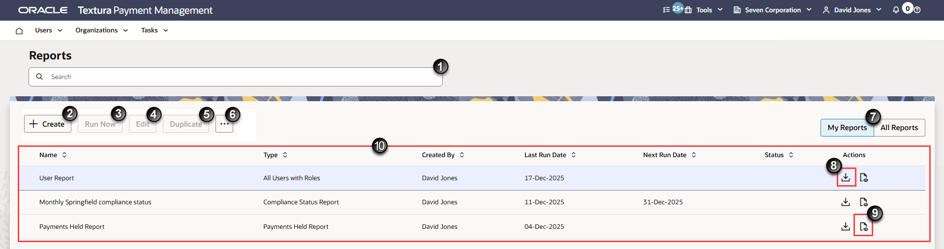 Page Reports (Rapports) d'Oracle Textura Payment Management, avec des numéros identifiant les principaux éléments de la page pour pouvoir facilement les visualiser.