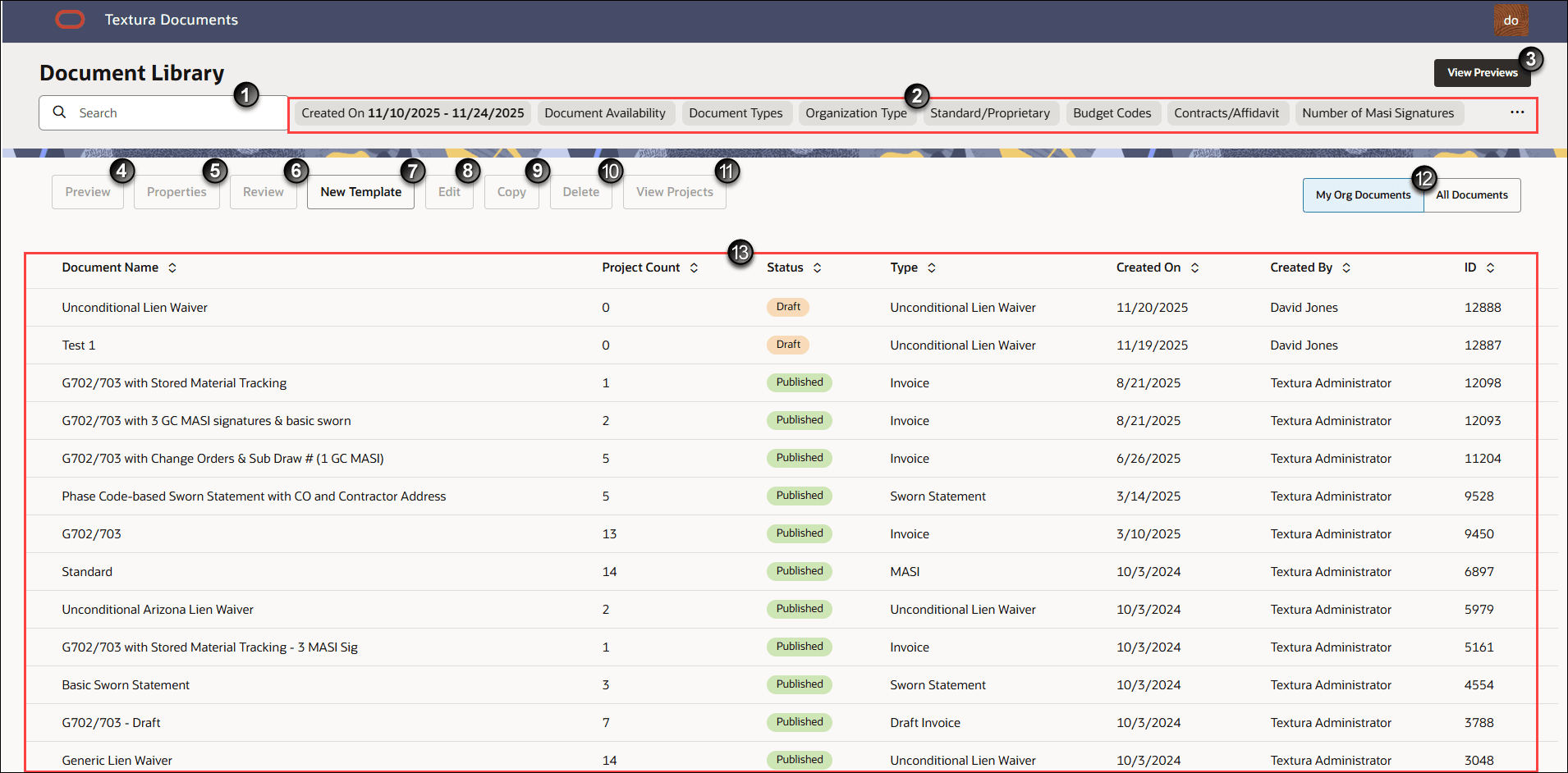 Capture d'écran d'une interface Document Library (Bibliothèque de documents), avec des numéros identifiant les éléments de la page.