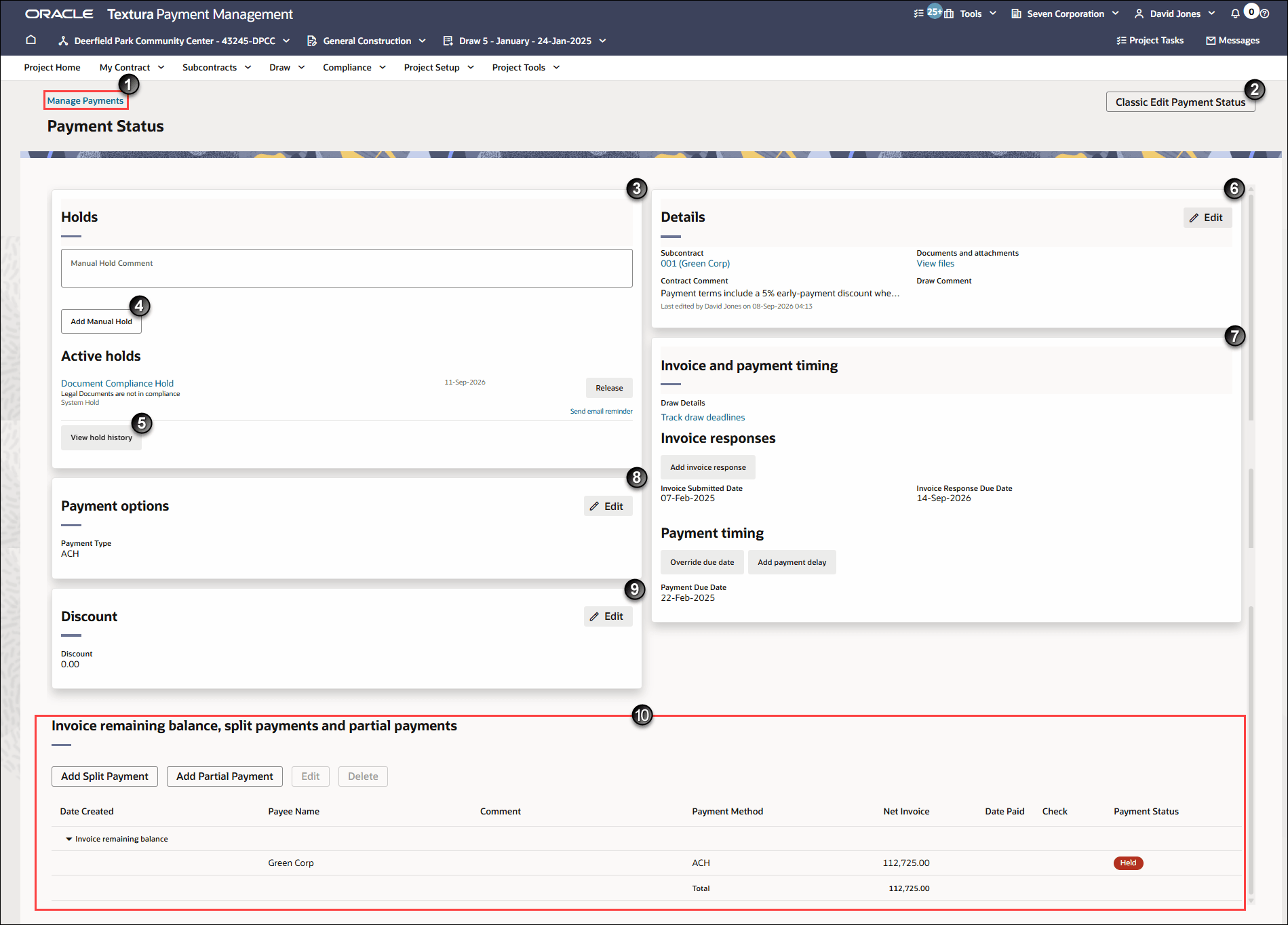 Screenshot of the Oracle Textura Payment Management Payment Status page, showing holds, payment options, discount, invoice and payment timing, and a held invoice remaining balance for Green Corp.