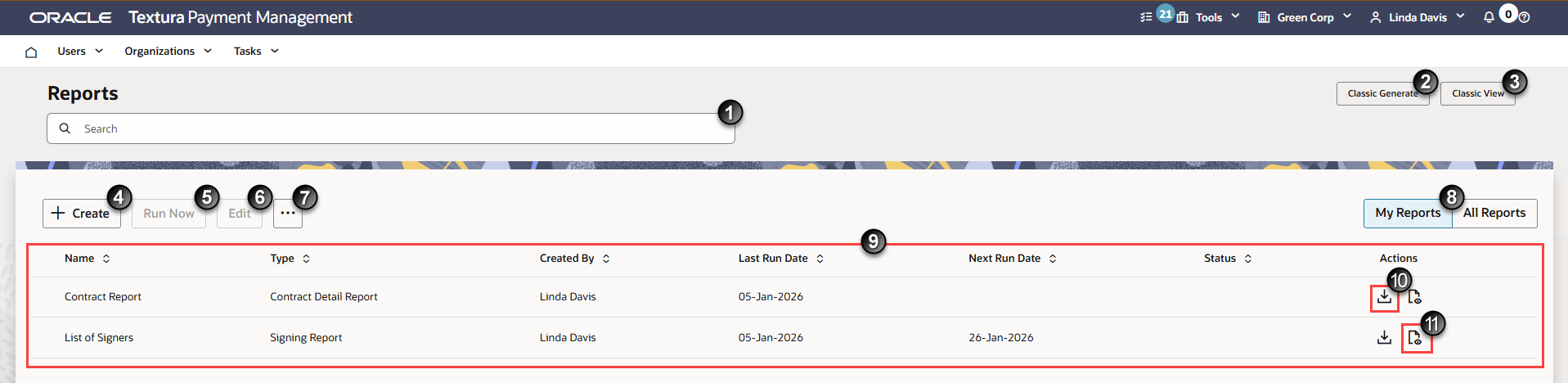 Reports page in Oracle Textura Payment Management with numbers calling out key page elements for easy reference.