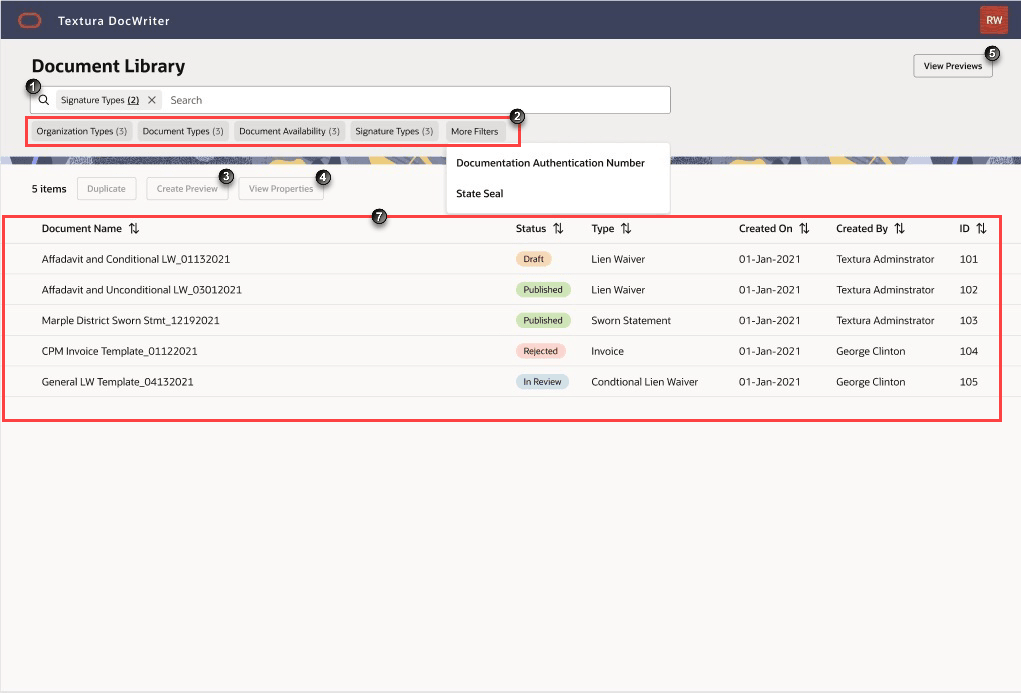 A screenshot of the DocWriter library with numbers calling out page elements. The numbers correspond to the text below the image.