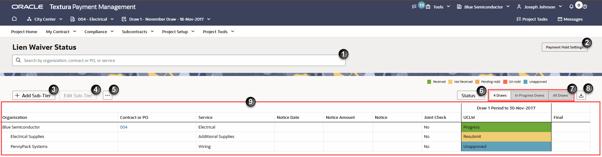 Lien Waiver Status for Subcontractors with numbers calling out page elements