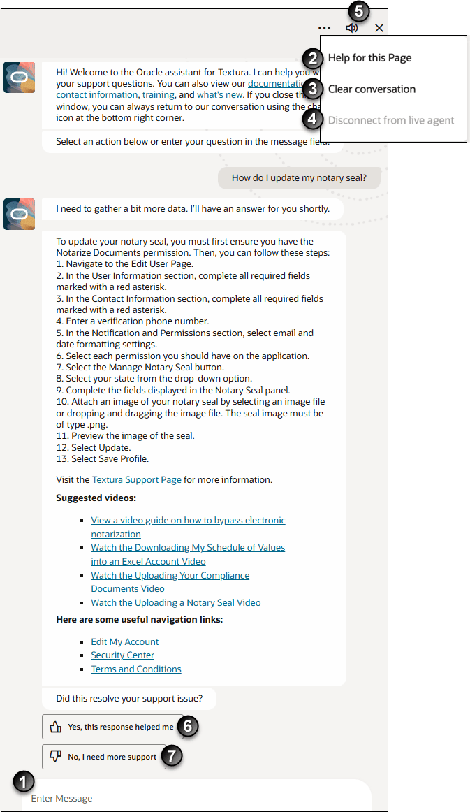 Image of the Oracle assistant for Textura with an entered prompt and numbers calling out drawer elements