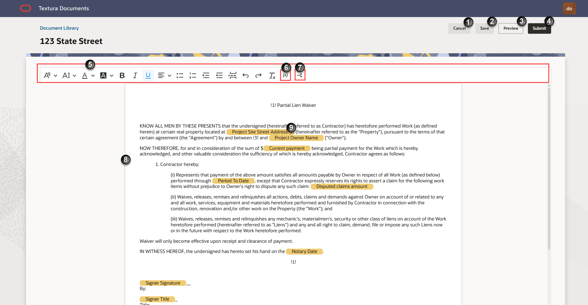 Screenshot of the Textura Documents platform showing a "Partial Lien Waiver" form for "123 State Street," with key fields highlighted in yellow and numbered annotations identifying interface elements and form sections.