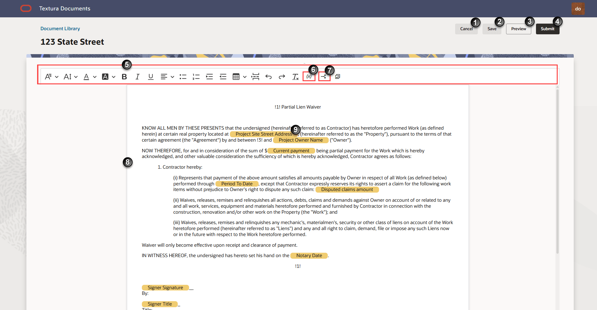 Screenshot of the Textura Documents platform showing a "Partial Lien Waiver" form for "123 State Street," with key fields highlighted in yellow and numbered annotations identifying interface elements and form sections.