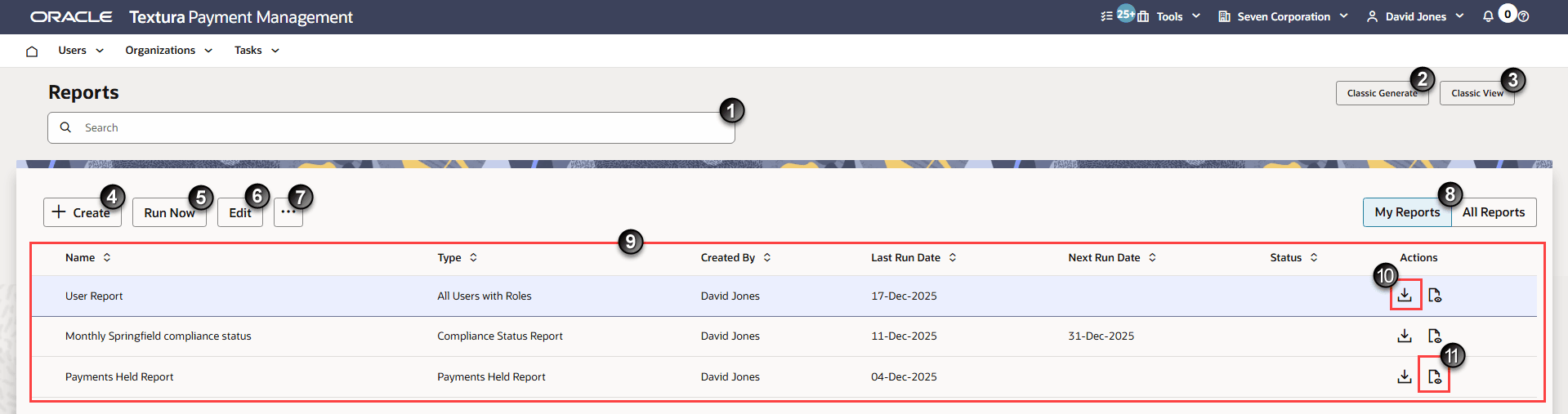 Reports page in Oracle Textura Payment Management with numbers calling out key page elements for easy reference.