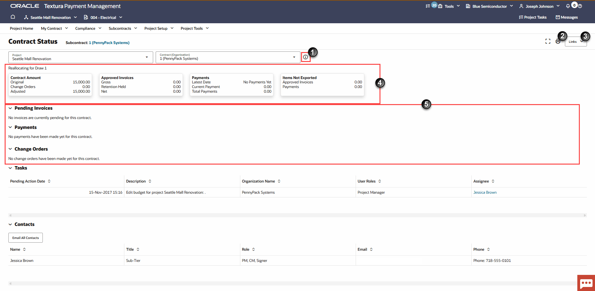 Contract Status page for a Sub-Tier Subcontractor with page elements labeled with numbers