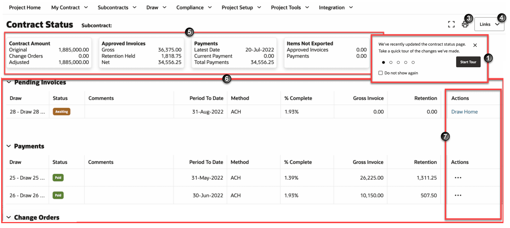 Page Contract Status (Statut de contrat) avec aperçu des modifications et numéros