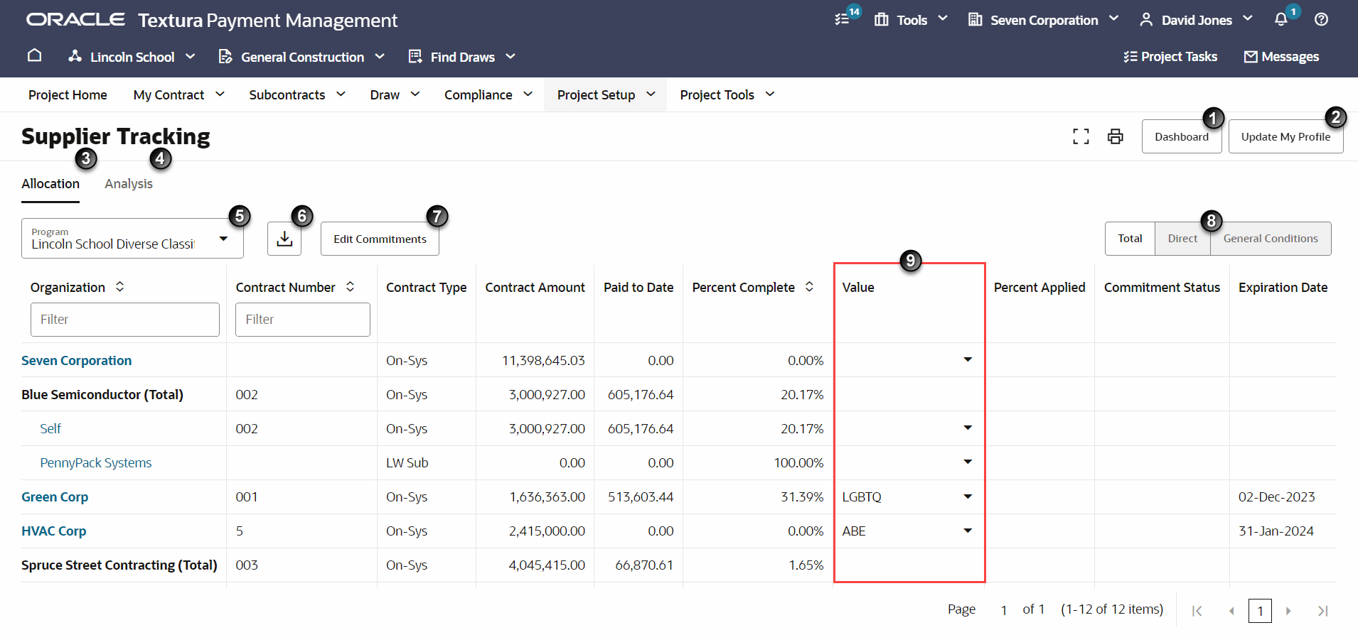 Onglet Supplier Tracking Allocation (Affectation de suivi des fournisseurs) pour les entrepreneurs généraux