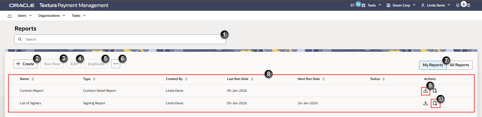 Page Reports (Rapports) d'Oracle Textura Payment Management, avec des numéros identifiant les principaux éléments de la page pour pouvoir facilement les visualiser.