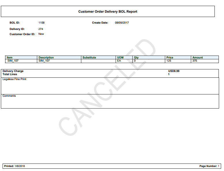Customer Order Delivery BOL Report