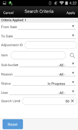Search Criteria Screen (Inventory Adjustments)