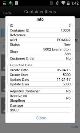 Container Lookup Info Screen (Transfer Receiving)