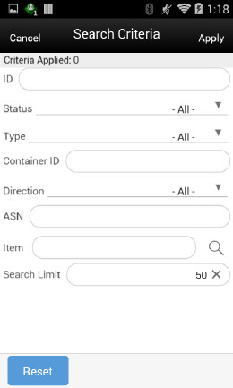 Container Search Criteria Screen