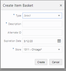 Create Item Basket Popup