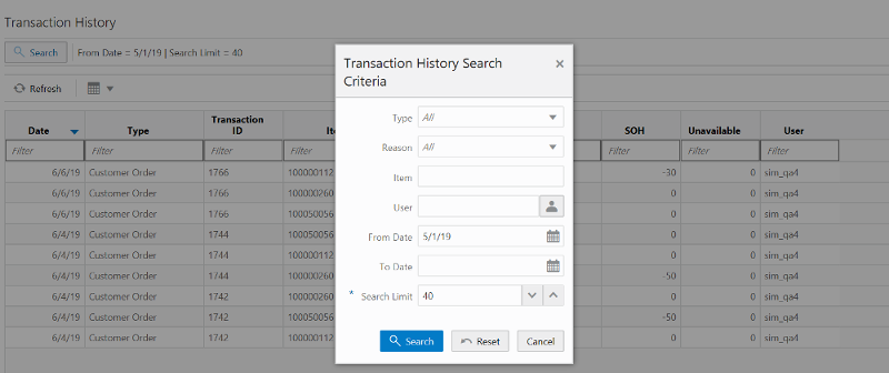 Transaction History Search Criteria