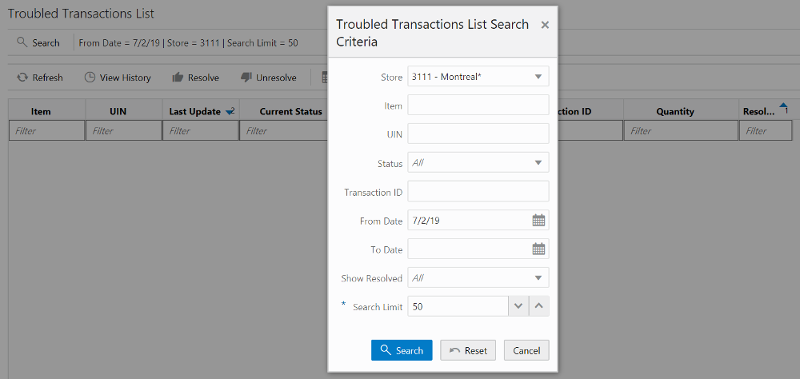 Troubled Transactions List Search Criteria