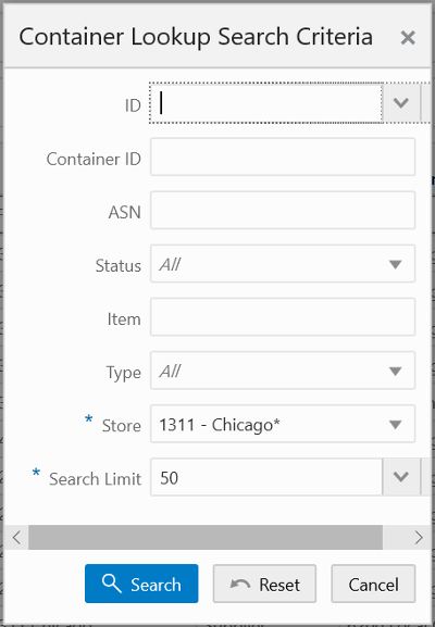 Container Lookup Search Criteria
