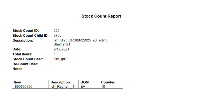 Stock Count Report