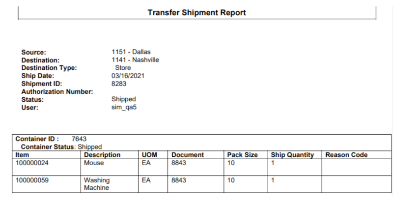 Transfer Shipment Report