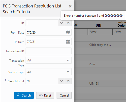 POS Transaction Resolution List Search Criteria