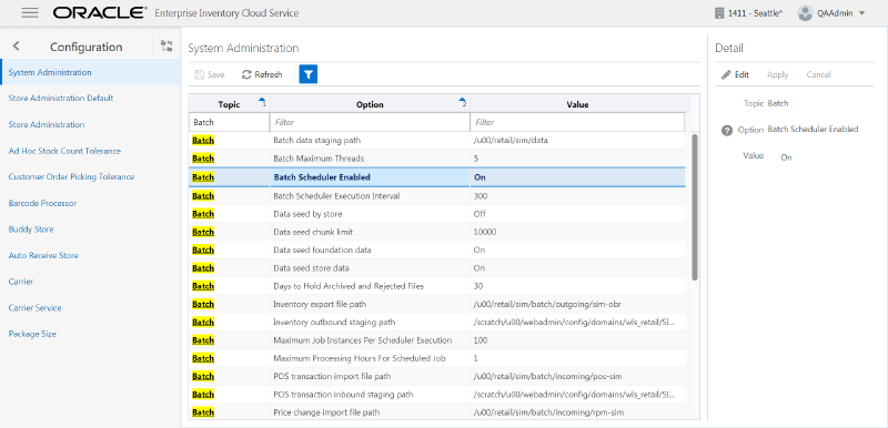 Batch System Administration Screen