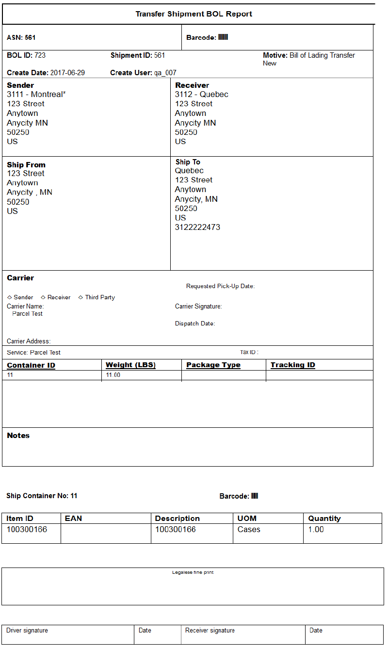 Transfer Shipment BOL Report