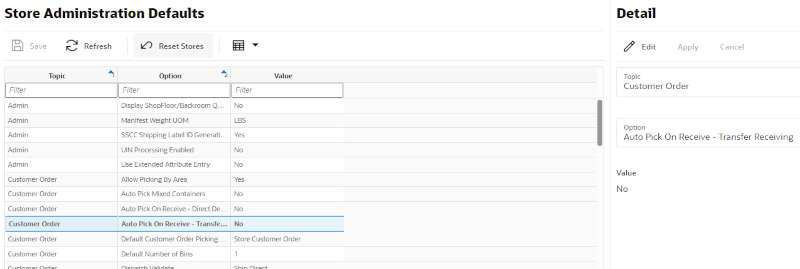 Store Administration Defaults Screen
