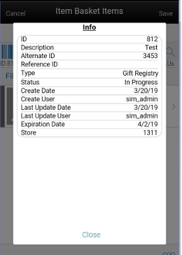 Item Basket Items Info Screen